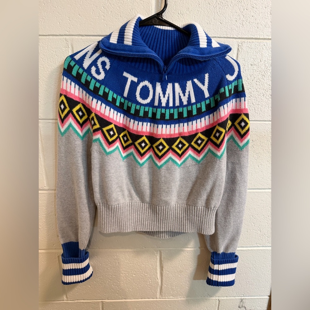 Tommy Hilfiger Blue, Gray & Multicolor Fair Isle Zip-Neck Sweater